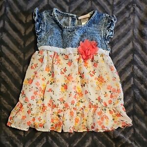 Little Lass Denim Top Floral Dress with Coral Flower Accent